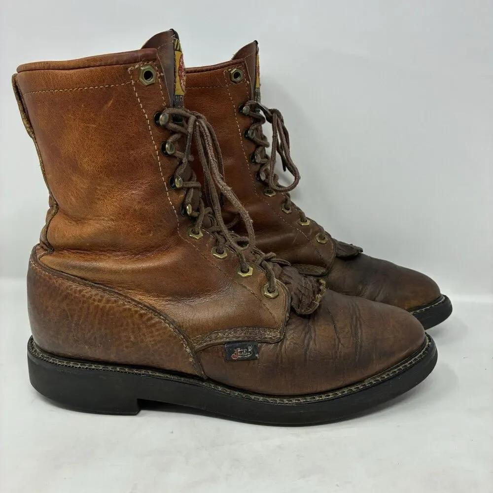 Justin Packer Logger Chestnut Brown 762 Kiltie Leather Work Boots USA Mens 8.5D